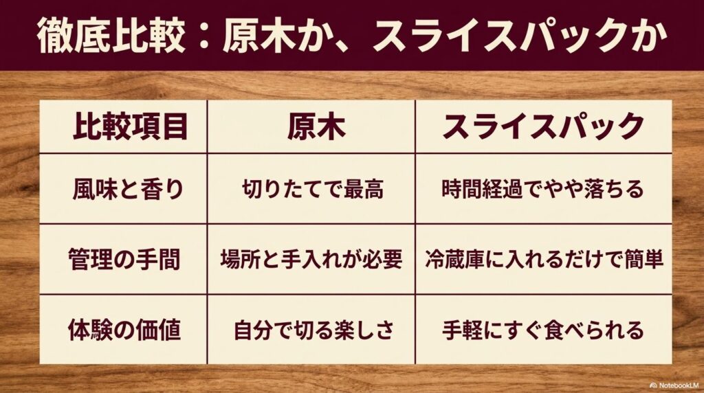 生ハムの原木とスライスパックを、風味、手間、体験の3つの項目で比較した表です。