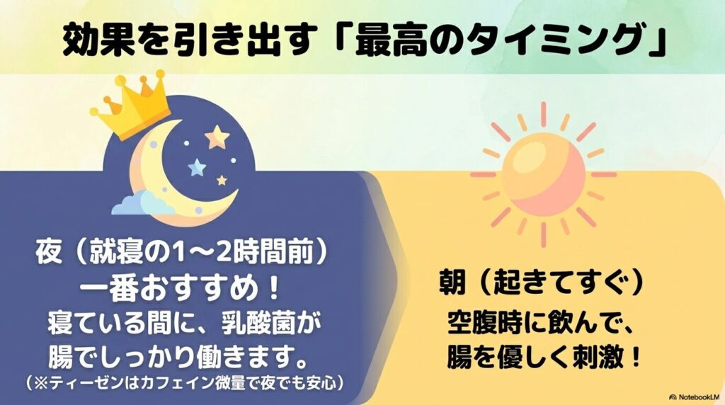 腸内環境を整えるために効果的な、夜と朝の飲むタイミングについての解説。
