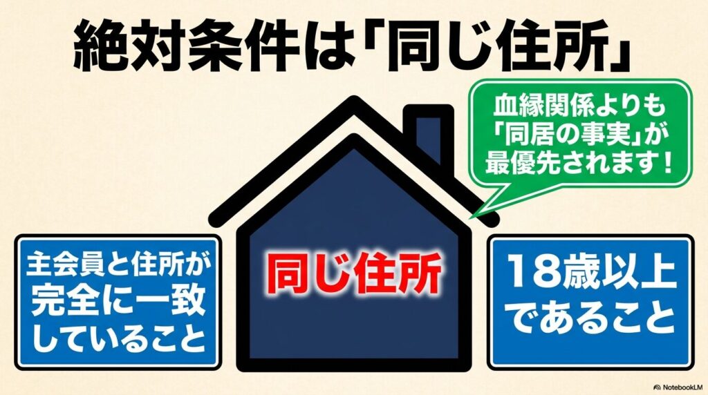 コストコ家族カード発行の絶対条件として、同じ住所であることと18歳以上であることを説明するスライド。