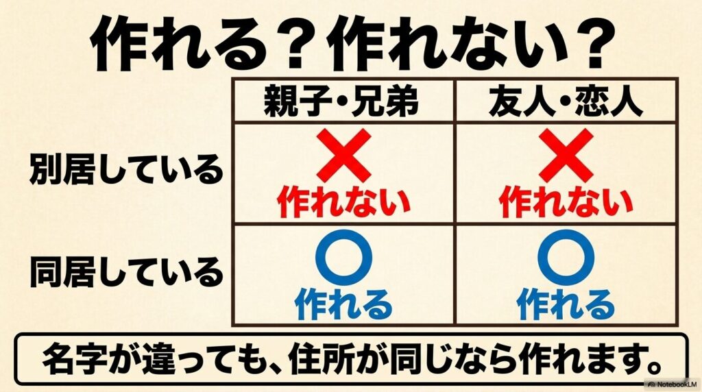 居住状況と相手との関係性による、家族カード作成の可否を一覧表で示したスライド。