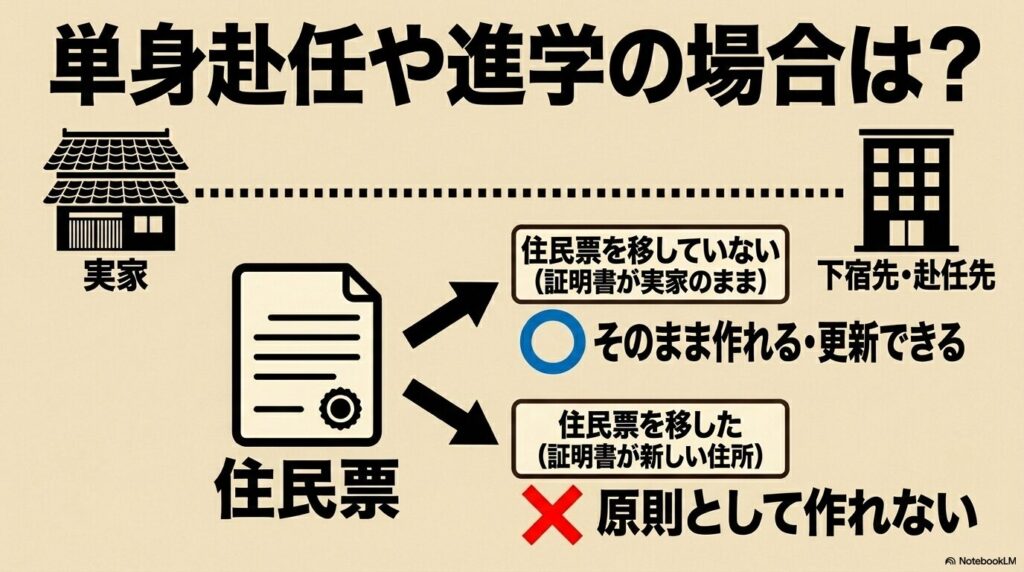 単身赴任や進学時の住民票の状況によって、家族カードの作成・更新が可能かどうかの基準を示すスライド。