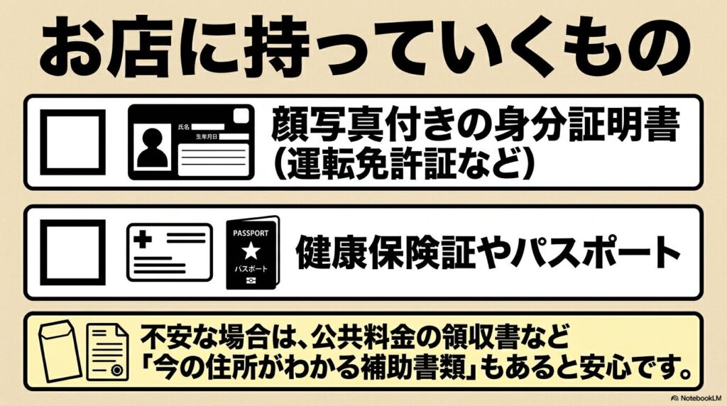 家族カード作成時に店舗へ持参する身分証明書と、必要に応じた補助書類についての案内スライド。