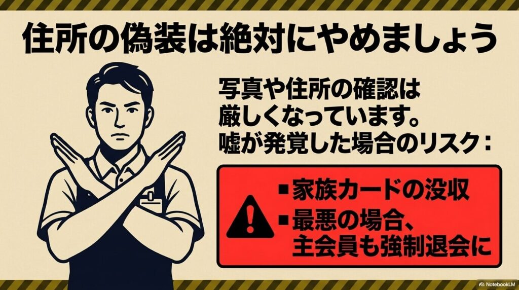 住所偽装の厳格な確認と、嘘が発覚した際のカード没収や強制退会といったリスクを警告するスライド。