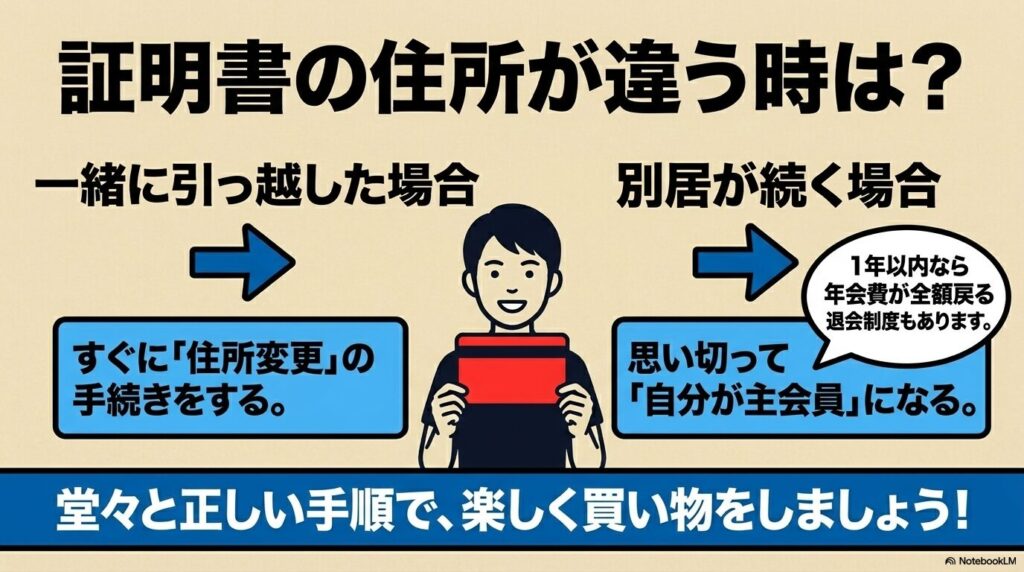 身分証明書の住所が異なる場合の解決策として、住所変更や主会員への入会を提案するスライド。