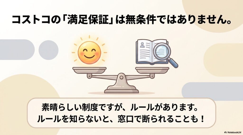 コストコの「満足保証」にはルールがあり、無条件ではないことを注意喚起するスライド。