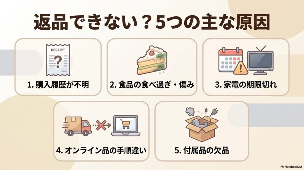 コストコで返品が断られる際の、購入履歴不明や家電の期限切れなど5つの主な原因のリスト。