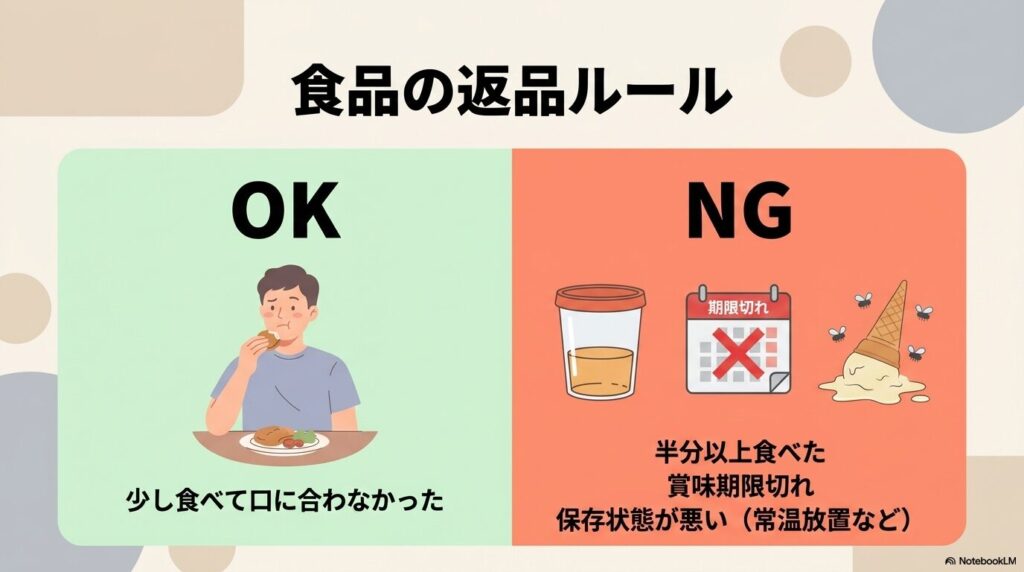 食品の返品における、少し食べて口に合わない場合はOK、半分以上食べた場合はNGなどのルール比較。
