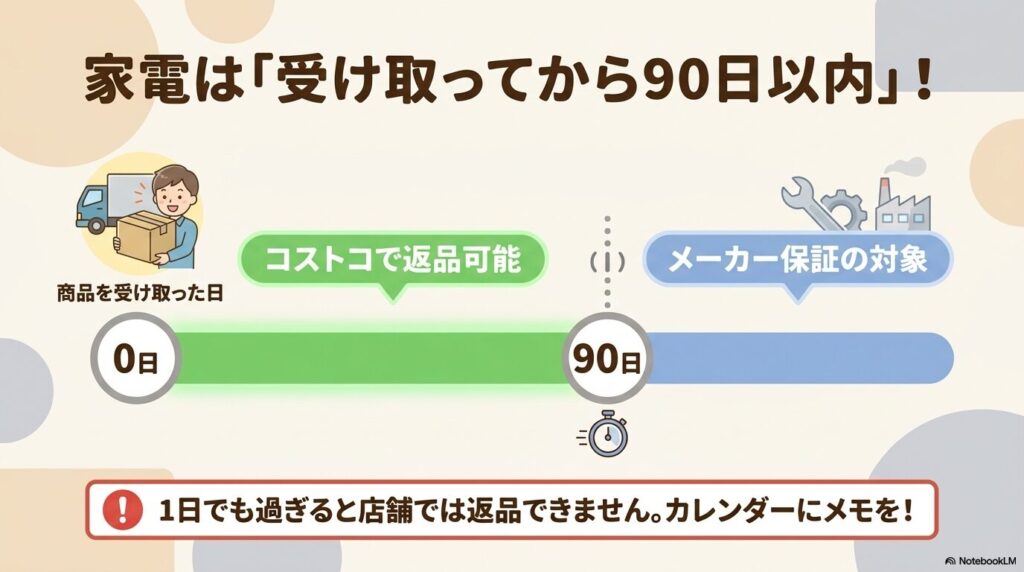 家電製品の返品は受け取りから90日以内であり、それを過ぎるとメーカー保証対象になるという解説。