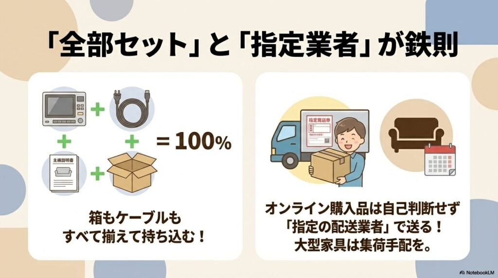 返品時は付属品を全て揃えることと、オンライン品は指定業者で返送するという鉄則の説明。