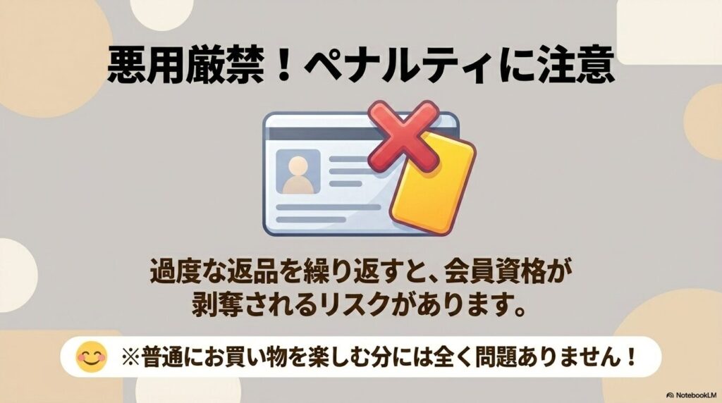 過度な返品を繰り返すと会員資格を剥奪されるリスクがあるという、ペナルティに関する警告。