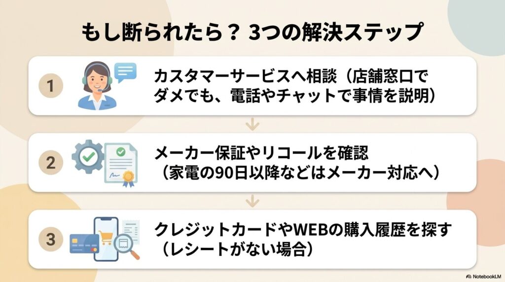 返品を断られた際の解決ステップとして、カスタマーサービス相談や購入履歴の確認などを提案。