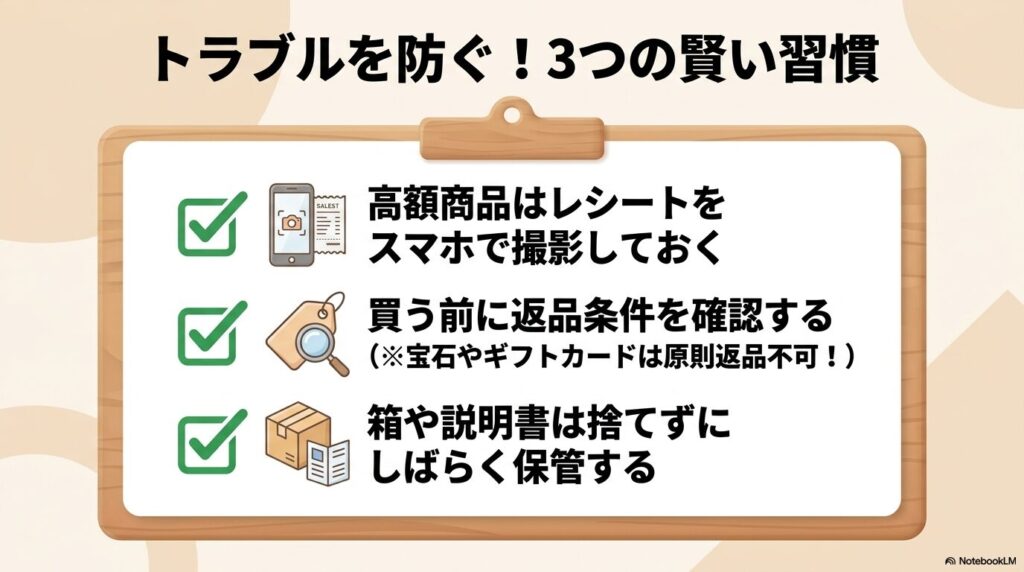 返品トラブルを防ぐために、レシート撮影や箱の保管など3つの賢い習慣を勧めるチェックリスト。