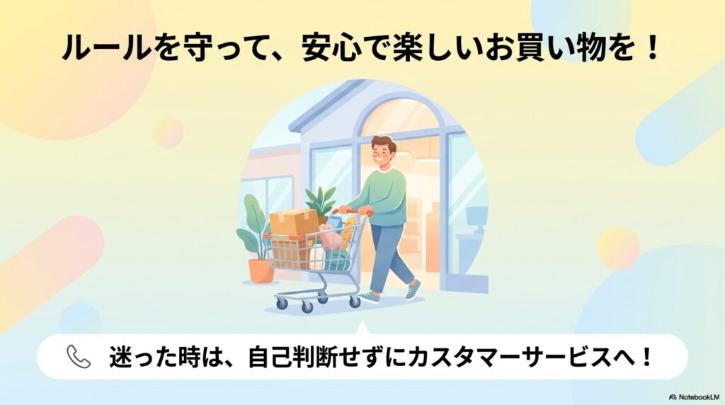 ルールを守って楽しい買い物を促し、迷った際はカスタマーサービスへ相談するよう伝える結び。