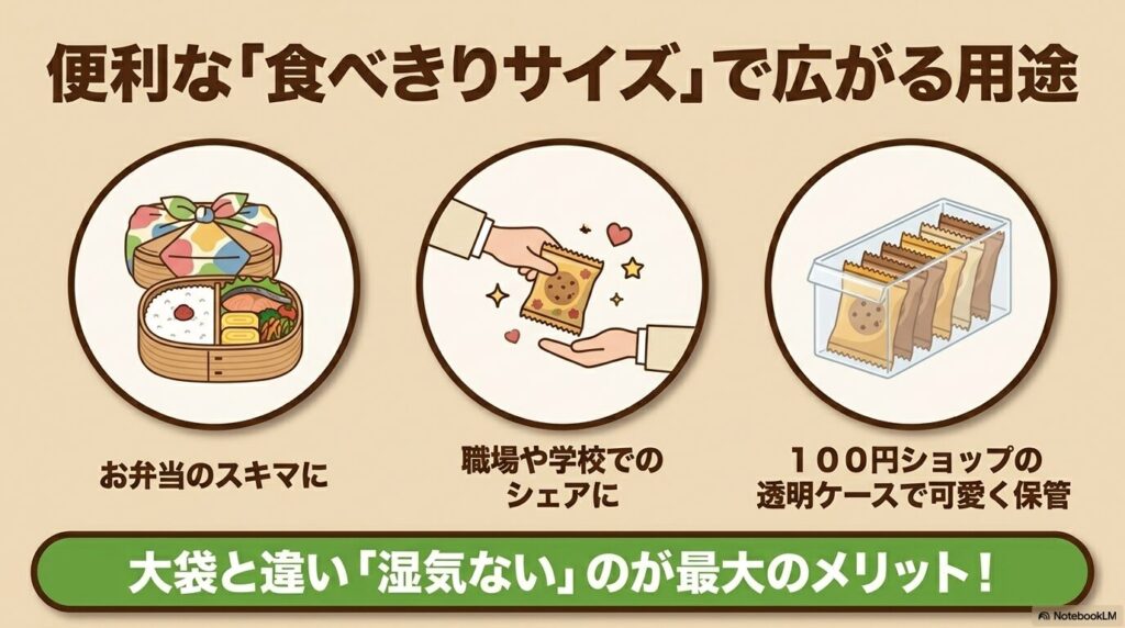 食べきりサイズのメリットとして、お弁当、シェア、保管のしやすさと湿気にくさを紹介。