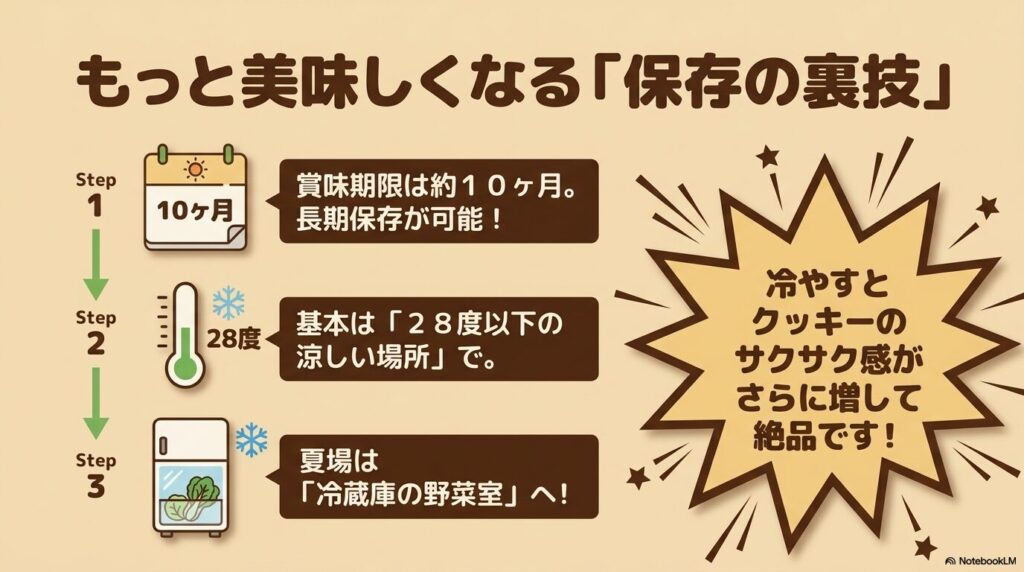 長期保存が可能であることと、冷蔵庫で冷やすとサクサク感が増す保存のコツを3ステップで解説。