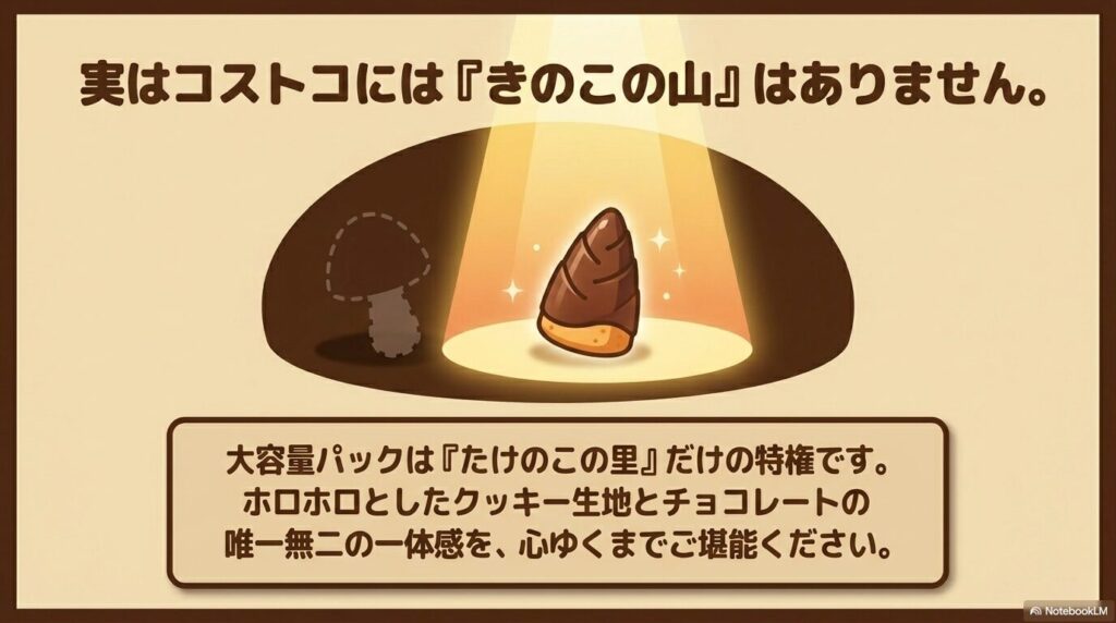 コストコの大容量パックは「たけのこの里」限定であり、「きのこの山」はないことを伝える内容。