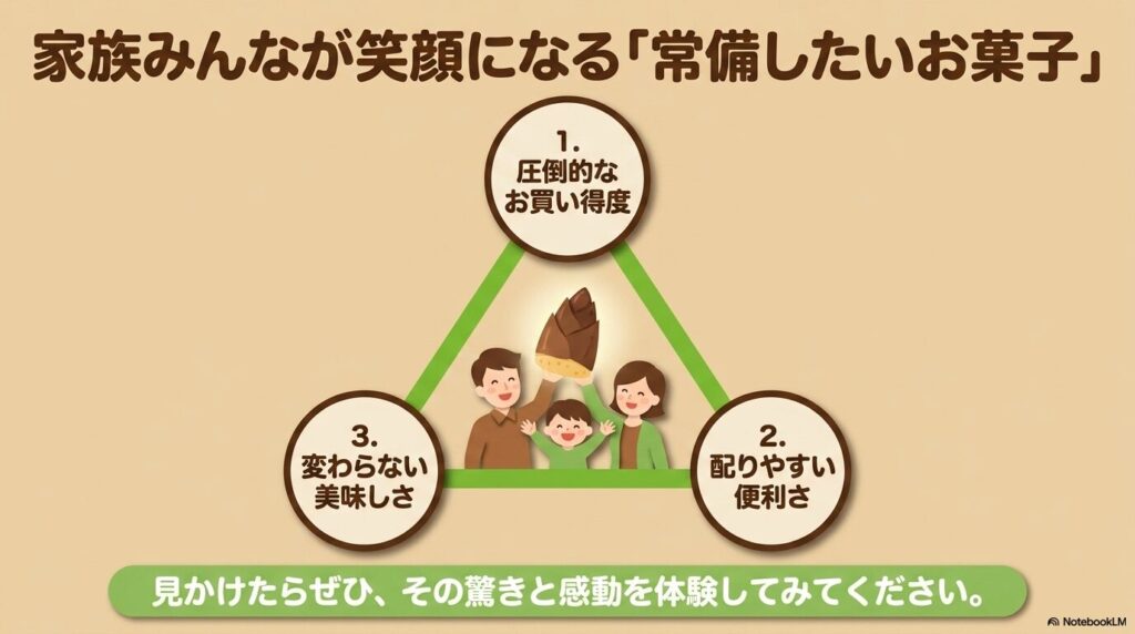 お買い得度、便利さ、美味しさの3つのポイントをまとめ、購入を勧める結びのスライド。