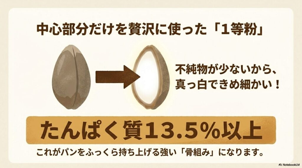 小麦の中心部のみを使用した高品質な1等粉の特徴と、たんぱく質含有量について解説。