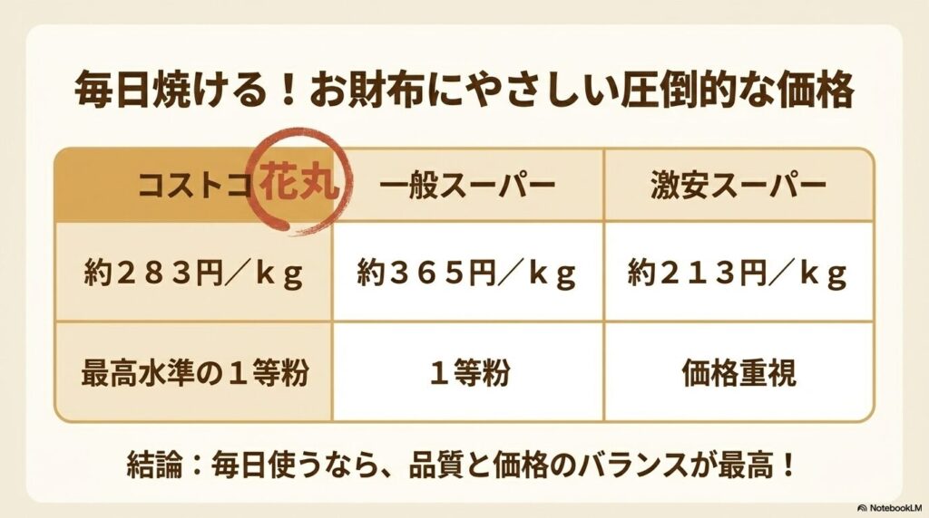 コストコの強力粉と一般・激安スーパーの粉を、価格と品質の面から比較した表。