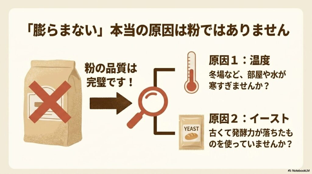 パンが膨らまない主な原因は粉の品質ではなく、温度やイーストの状態にあることを説明。