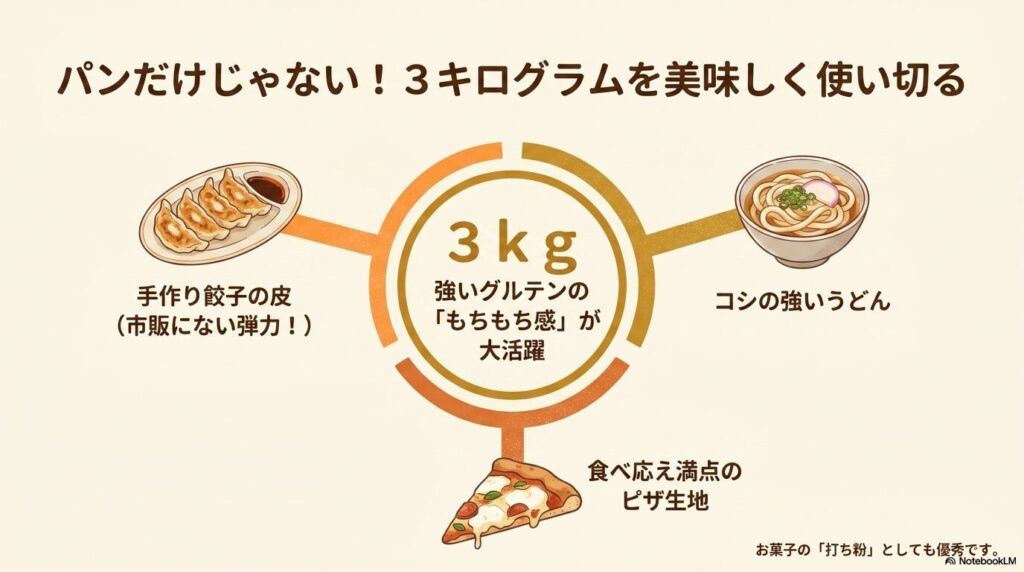 パン以外の活用法として、餃子の皮、ピザ生地、うどん、打ち粉などの使い道を紹介。