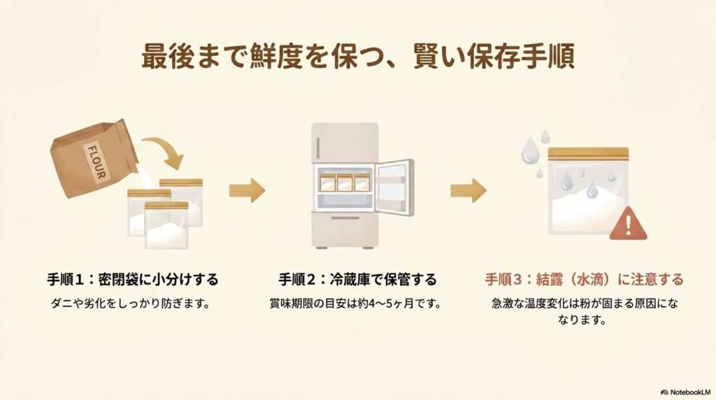 強力粉の鮮度を長持ちさせるための、小分け、冷蔵保管、結露対策の3ステップ。