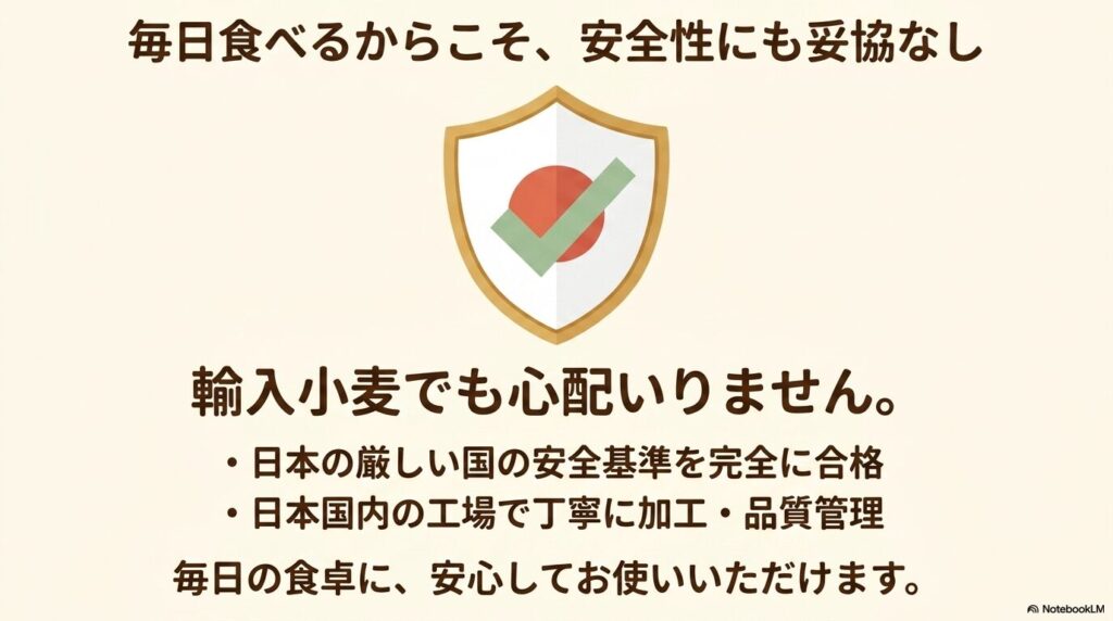 輸入小麦の安全性について、国内の厳しい基準合格と国内工場での品質管理を強調。