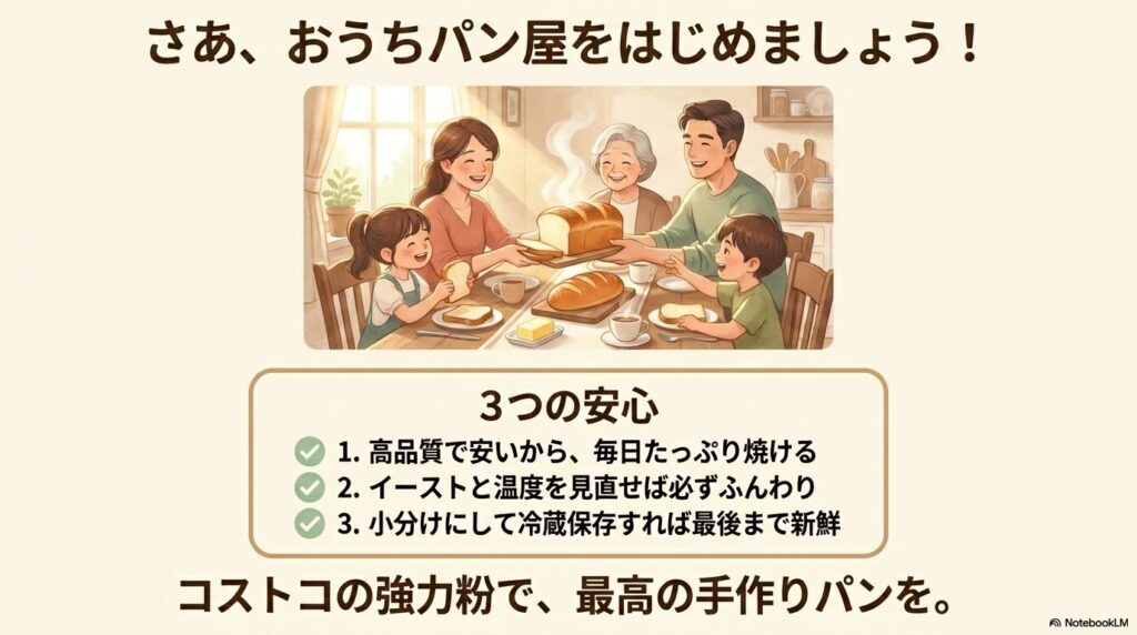 コストコの強力粉で作るパンがもたらす幸せな食卓のイメージと、3つの安心ポイントのまとめ。