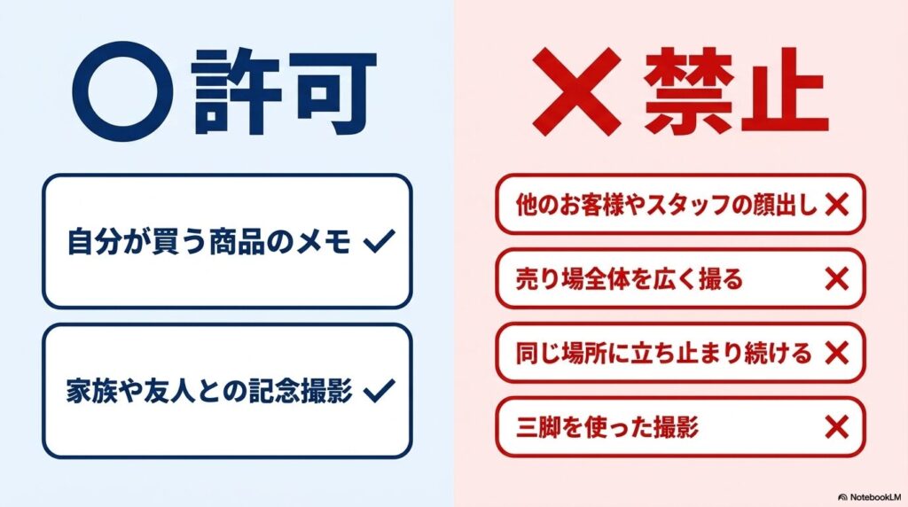 店内で撮影が許可されているケースと禁止されている行為を対比して説明するスライドです。