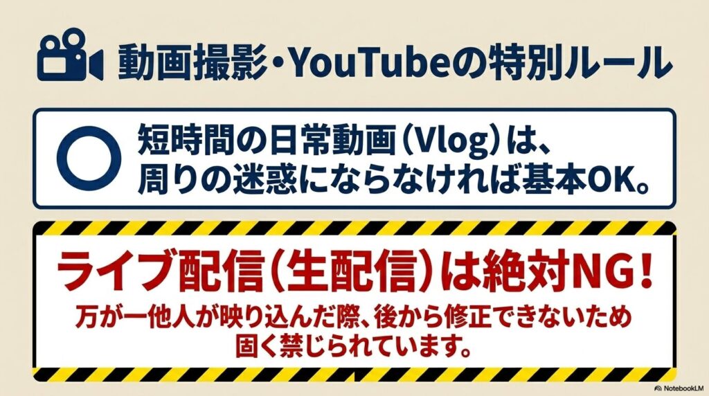 動画撮影のルールとして、日常的なVlogは基本OKだが、ライブ配信は厳禁であることを説明しています。