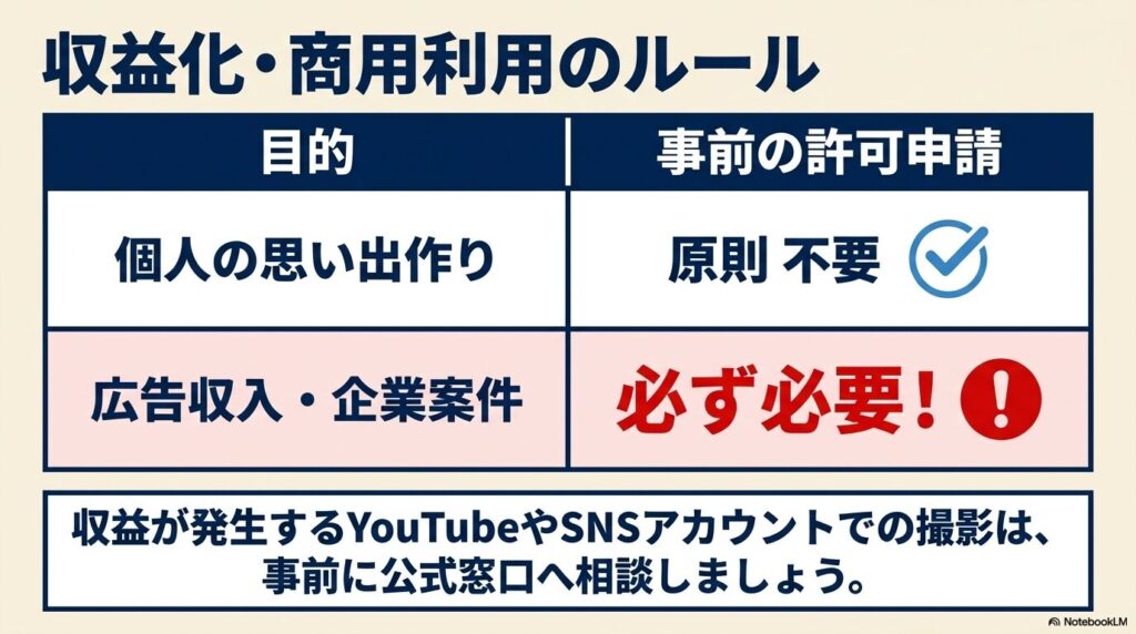 商用利用や収益化目的の撮影には、事前の許可申請が必要であることを説明するスライドです。