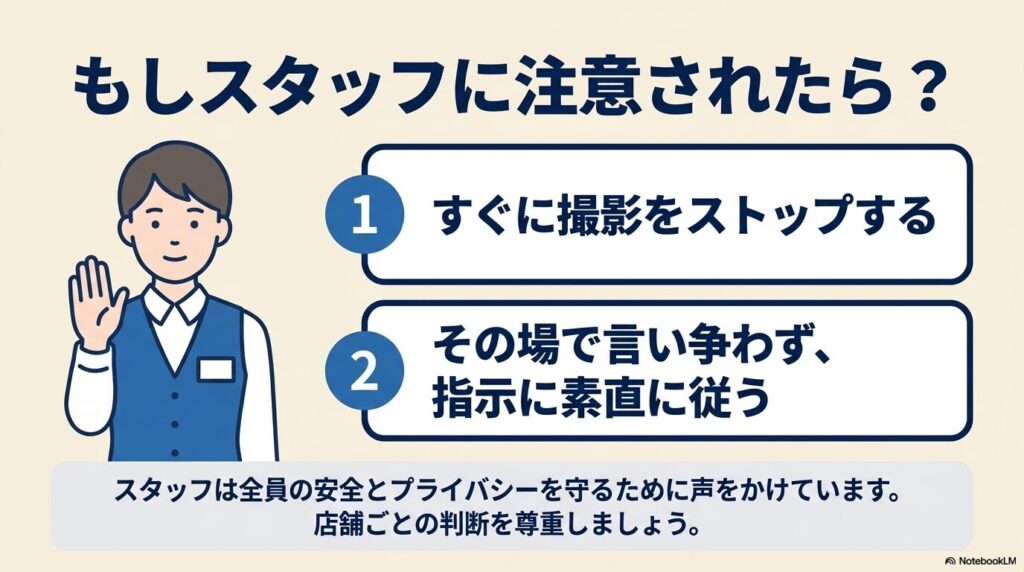 スタッフから注意を受けた際は、すぐに撮影を止めて指示に従うよう促すスライドです。