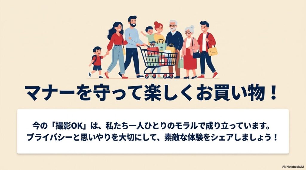 マナーとモラルを守り、プライバシーに配慮して買い物を楽しむよう呼びかけています。
