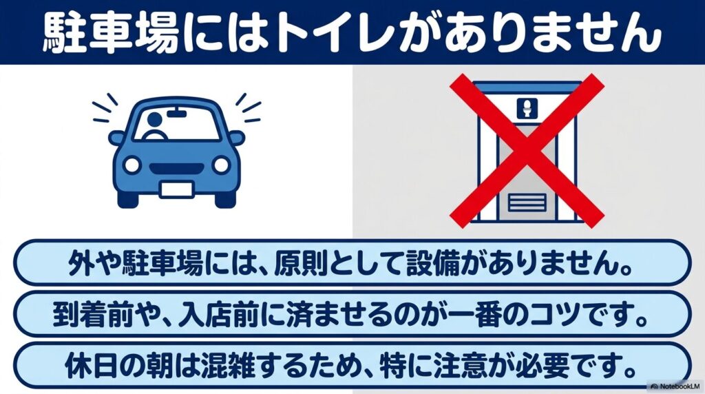 コストコの駐車場にはトイレがないため、到着前や入店前に済ませることを推奨する案内。