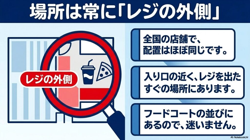 コストコのトイレは全店舗共通でレジの外側、フードコートの近くに配置されていることの説明。