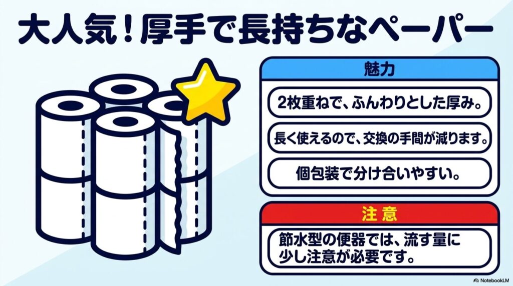 人気商品である厚手のトイレットペーパーのメリットと、節水型便器で使用する際の注意点。