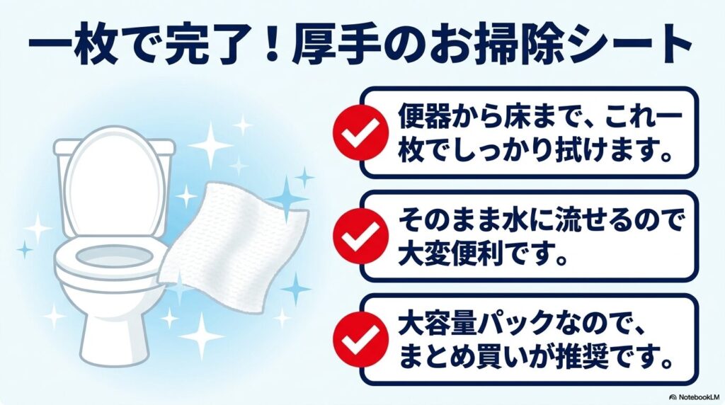 便器から床まで1枚で掃除でき、そのままトイレに流せる大容量の厚手お掃除シートの紹介。