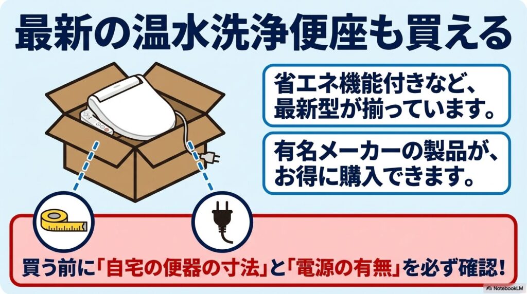 コストコで販売されている最新の温水洗浄便座と、購入前に確認すべき寸法や電源についての注意点。