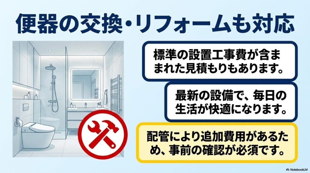 コストコが提供する便器の交換・リフォームサービスと、見積もりや配管に関する確認事項。