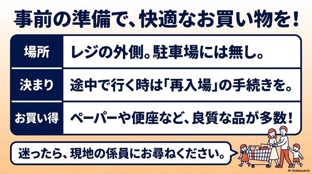 トイレの場所、再入場ルール、関連商品のまとめと、困った時の係員への相談案内。