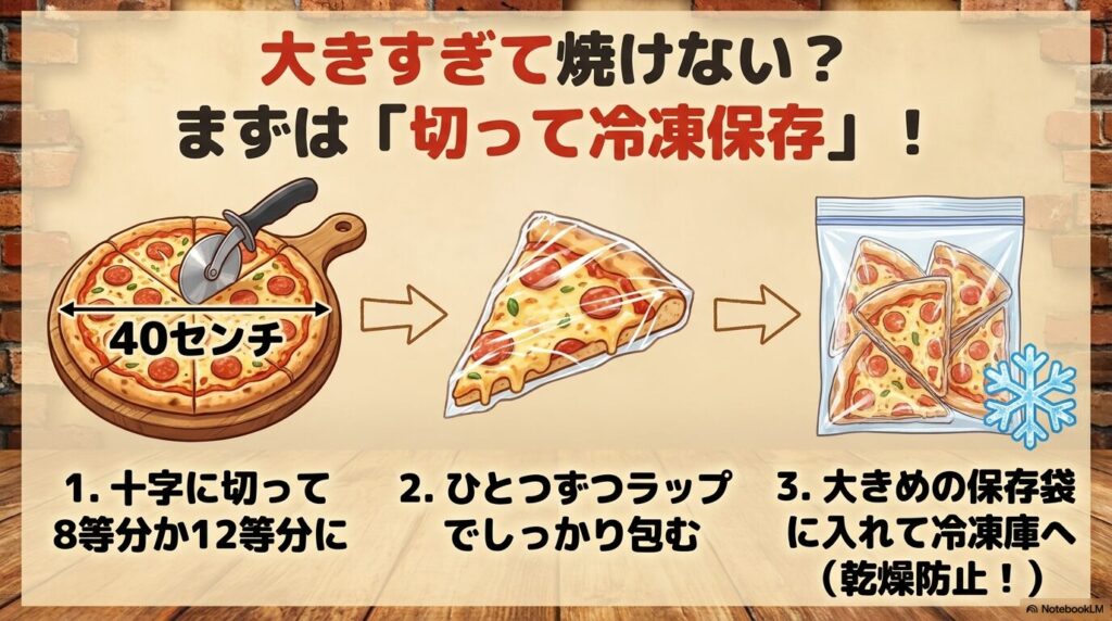 大きなピザを適切なサイズに切り分け、ラップと保存袋を使って冷凍保存する3つのステップの解説。