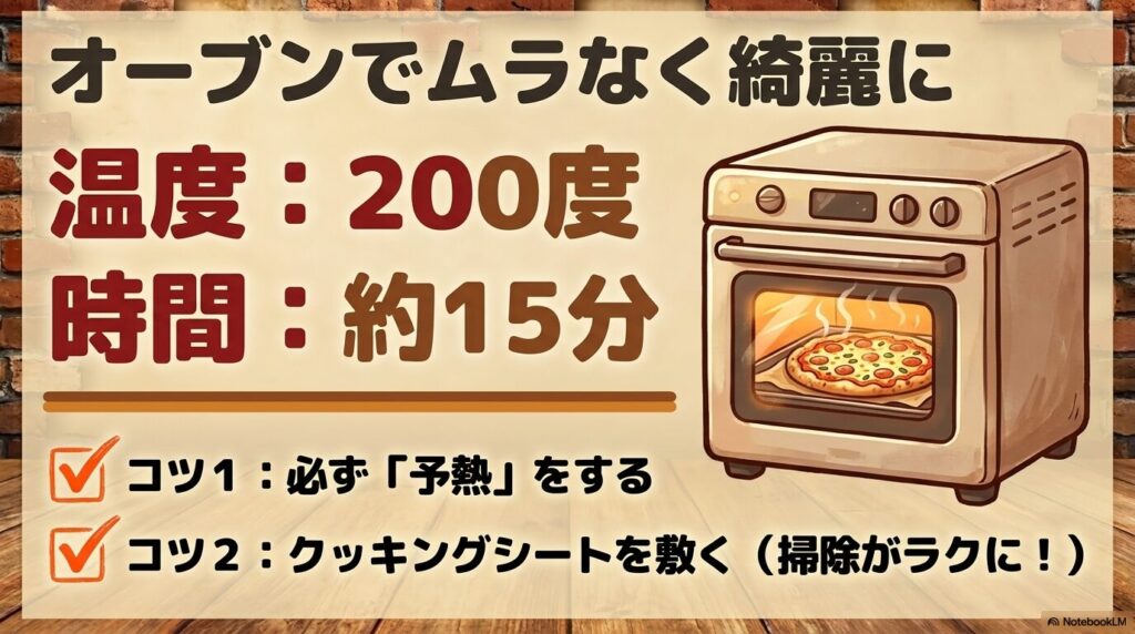 オーブンを使用して200度で約15分焼く際の設定と、予熱やクッキングシート使用のコツ。