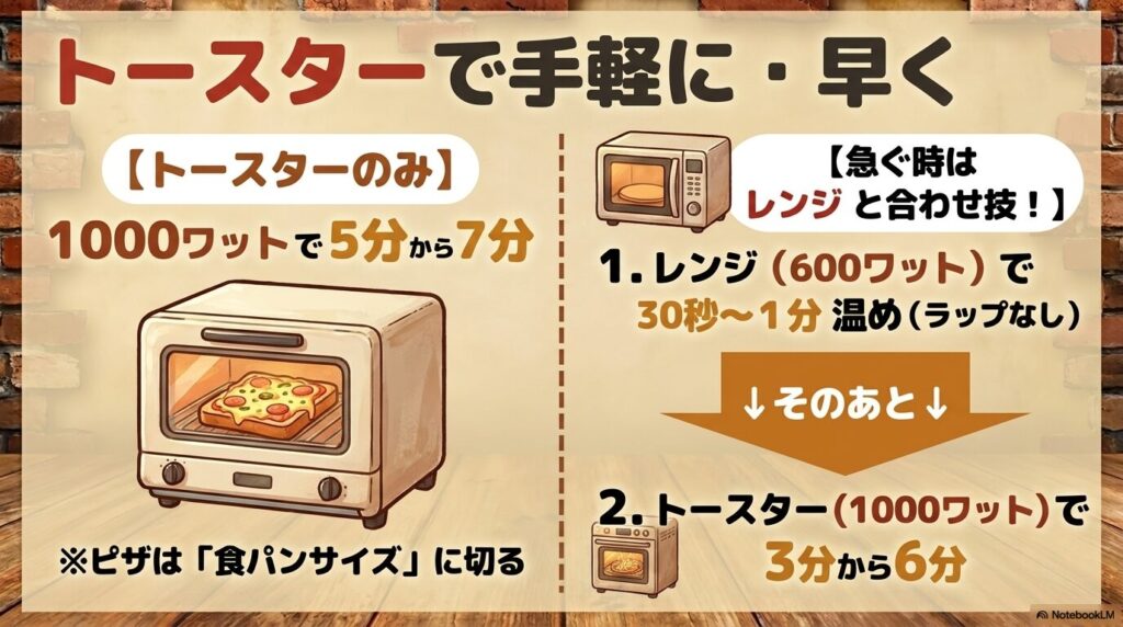 トースターのみで焼く方法と、電子レンジを併用して時短で中まで温める方法の2通りの解説。