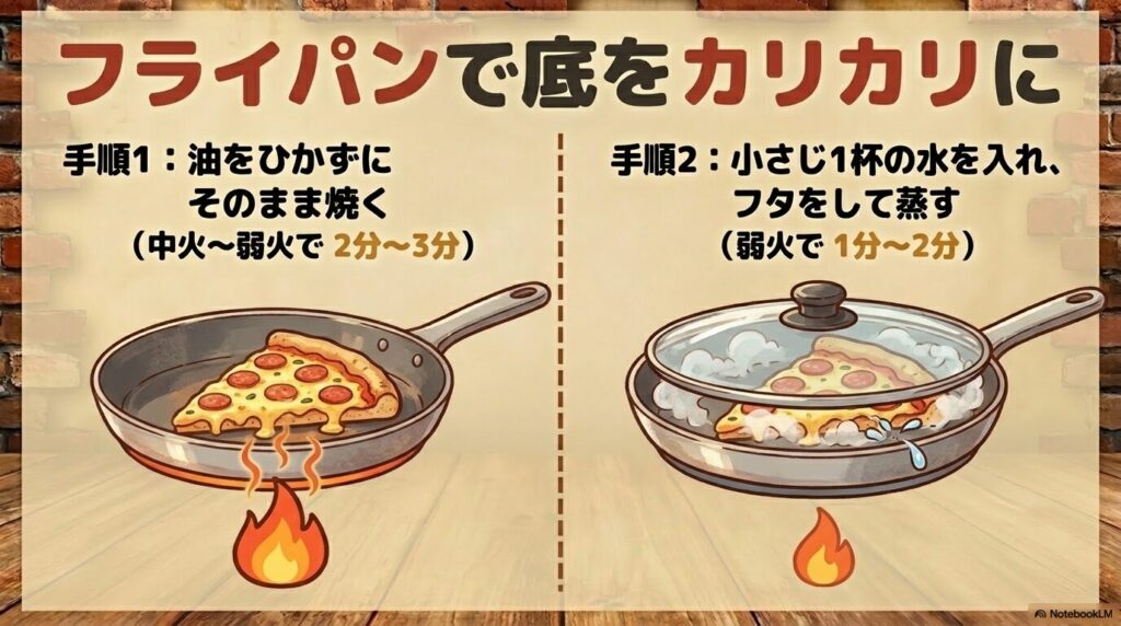 フライパンで油をひかずに焼き、少量の水を加えて蒸し焼きにすることで底をカリカリにする手順。