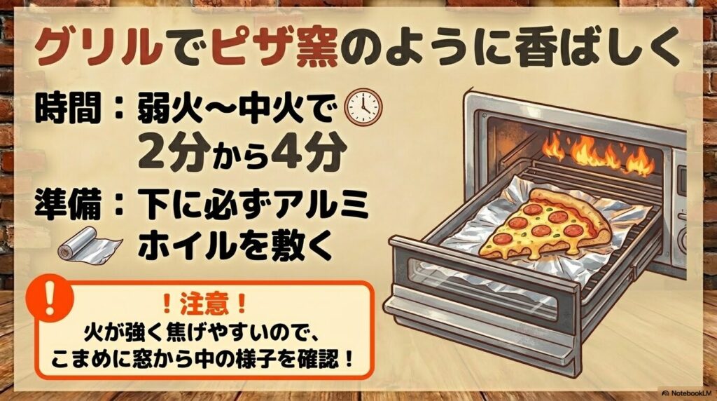 魚焼きグリルにアルミホイルを敷いて、短時間で香ばしくピザを焼き上げる方法と注意点。