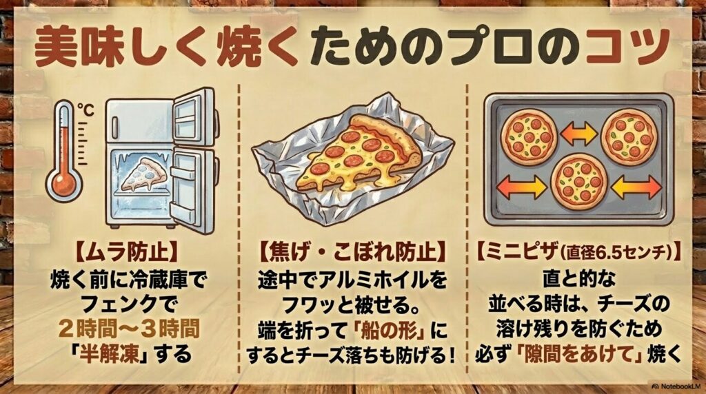 半解凍、アルミホイルでの焦げ防止、ミニピザの配置など、より美味しく仕上げるための3つのコツ。