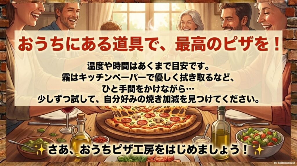 おうちにある道具で自分好みの焼き加減を見つけて楽しむための、まとめのメッセージ。