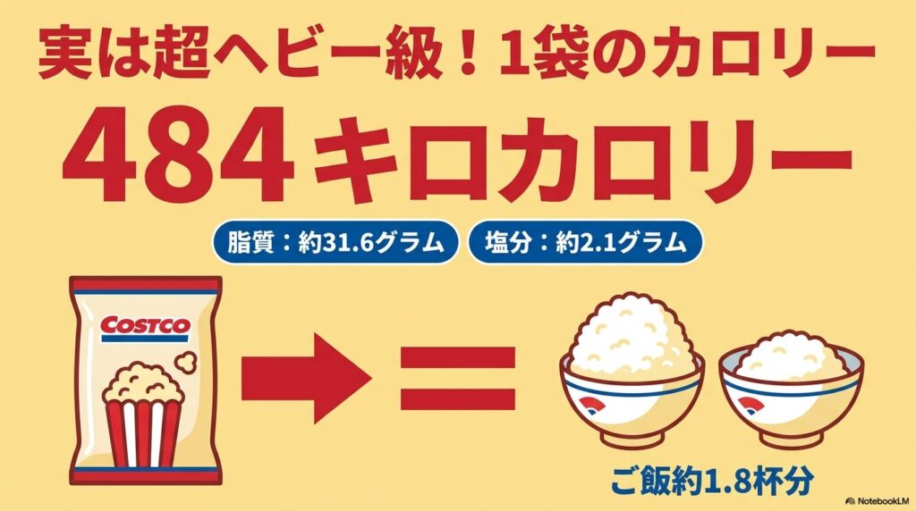 コストコのポップコーン1袋のカロリーは484キロカロリーで、ご飯約1.8杯分に相当することを説明する図。