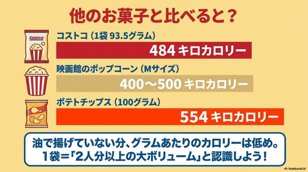 コストコのポップコーン、映画館のポップコーン、ポテトチップスのカロリーを比較した棒グラフ。
