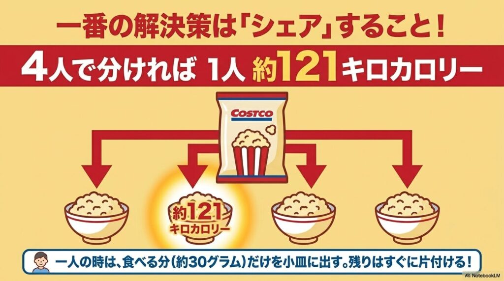 1袋を4人でシェアすることで1人あたりの摂取カロリーを抑える工夫を提案するスライド。